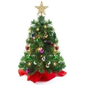 Kunstkerstboom van 60 cm, klein met sneeuwvlokkendecoratie, 2 lichtkettingen, 20 kleurrijke kerstdecoratieballen, 1 vijfpuntige ster bovenaan, rood katoen met cementbasis