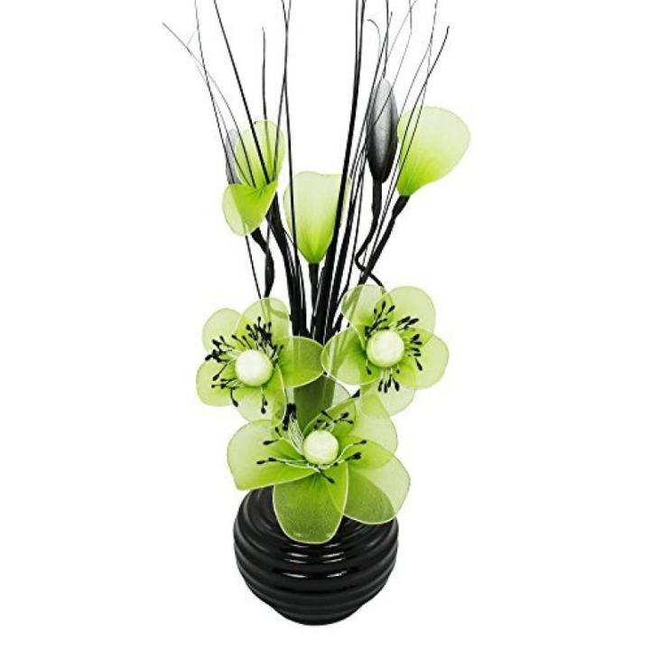 813 Zwarte vaas met limoengroene mini-nylonbloem, 32 cm