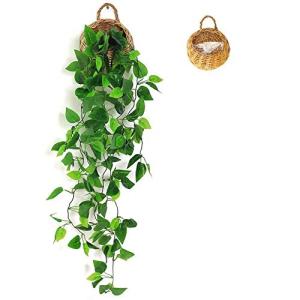 Kunstmatige hangplanten met houten mand, 107 cm kunstmatige hangplanten in potten voor kantoor, keuken, tuin, feest, wanddecoratie (klimop)