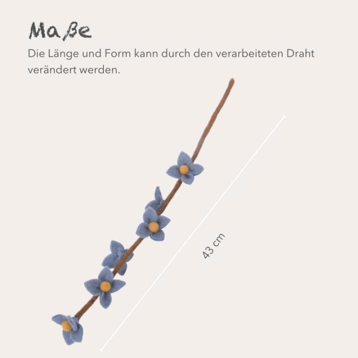 Gry & SIF Kunstkersenbloesemtakken van vilt, flexibele steel, decoratieve takken, vilten bloem, vilten tak, kersenbloesem, lentedecoratie, handgemaakt, Fairtrade, 43 cm, 3 x blauw