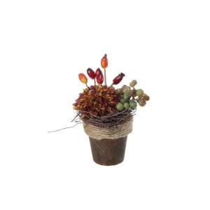 .de Kunstbloemstuk dahlie, rozenbottels, druiven MUSAN, decoratieve pot, rood-oranje-groen, 10cm, Ø 7cm - kunstbloemstuk
