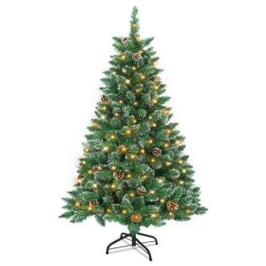 Kunstkerstboom met verlichting, groen, pvc, met sneeuweffect en dennenappels, led, pvc, kerstboom, decoratieve boom met standaard, kerstdecoratie voor kerstdecoratie