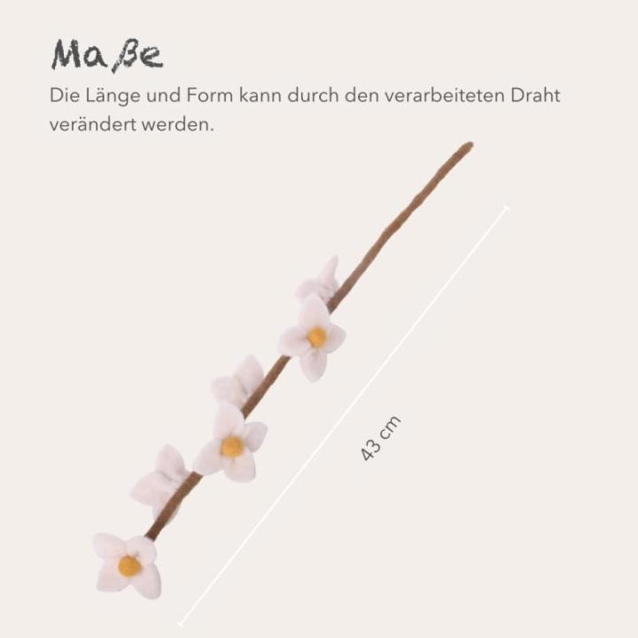 Gry & SIF Kunstkersenbloesemtakken van vilt, flexibele steel, decoratieve takken, vilten bloem, vilten tak, kersenbloesem, lentedecoratie, handgemaakt, fairtrade, 43 cm, 3 x wit