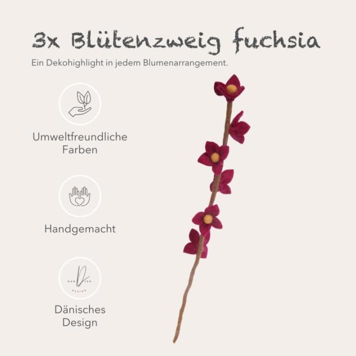 Gry & SIF Kunstkersenbloesemtakken van vilt, flexibele steel, decoratieve takken, vilten bloem, vilten tak, kersenbloesem, lentedecoratie, handgemaakt, Fairtrade, 43 cm, 3 x fuchsi