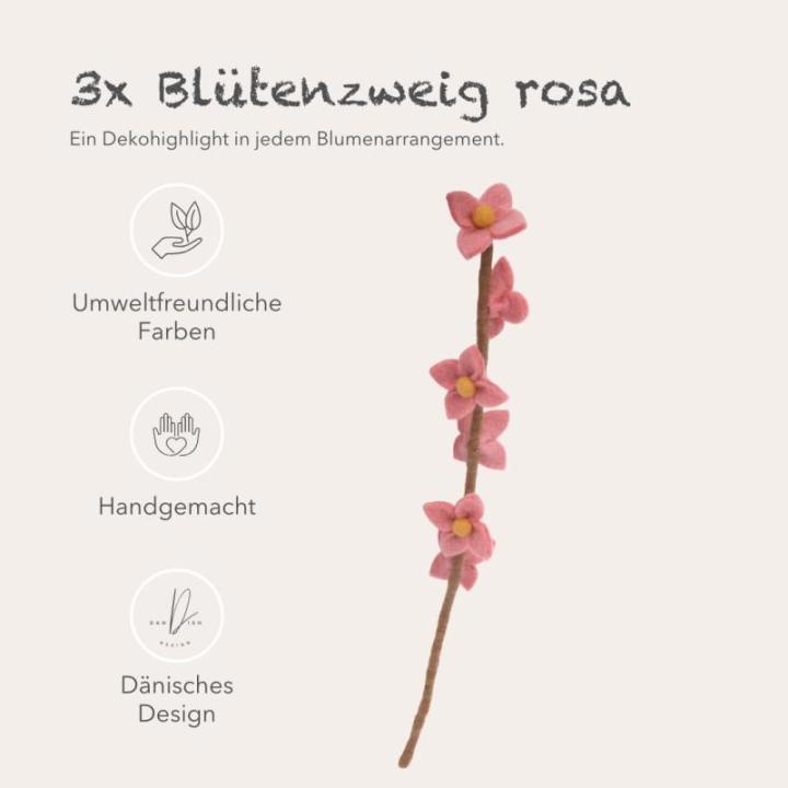 Gry & SIF Kunstkersenbloesemtakken van vilt, flexibele steel, decoratieve takken, vilten bloem, vilten tak, kersenbloesem, lentedecoratie, handgemaakt, fairtrade, 43 cm, 3 x roze