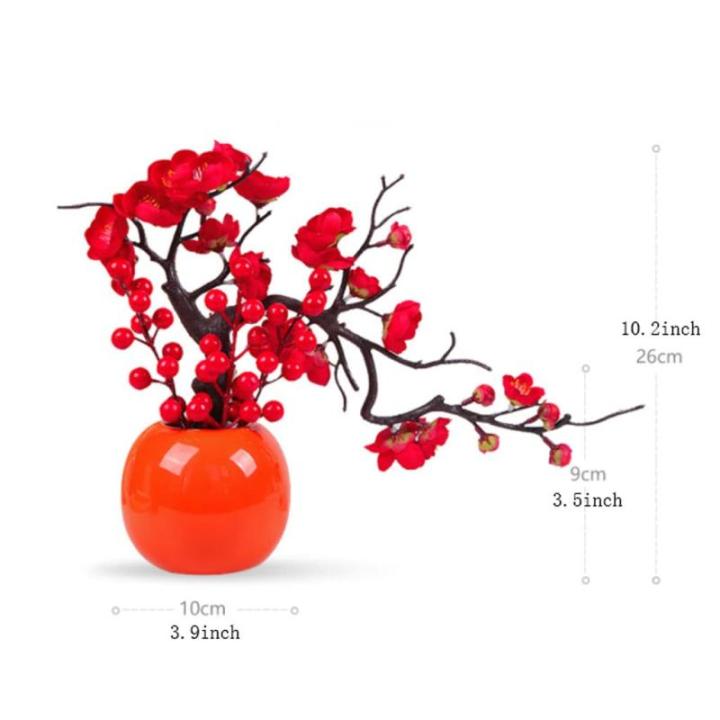 Kunstblumen Künstliche Pflaumenblüte mit Vase, Desktop-Bonsai-Topf-Ornament für Hochzeit, Heimbüro, schön aussehende Kunstblumen für jeden Anlass