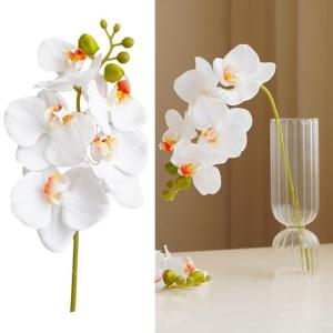 Künstliche Orchideenstiele, fühlen sich echt an, Phalaenopsis 45 cm, künstliche Orchideenzweige mit 5 großen Blumen für Vase, Hochzeit, Party, Zuhause, Garten, Dekoration (wei