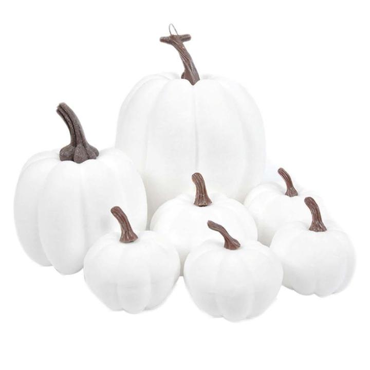 7 stuks kunstpompoenen, kunstpompoenen, Halloween-pompoenen, neppompoen voor Halloween-decoratie, festival, boerderij, keukentafel, wit