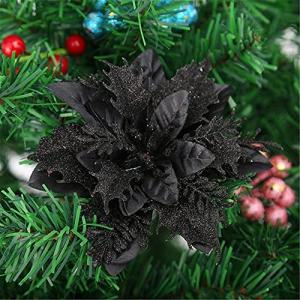 12 stuks glitter kerstboomversieringen Kerstmis bloemen ornament kerstdecoratie kerstboomhanger 14 cm (zwart)