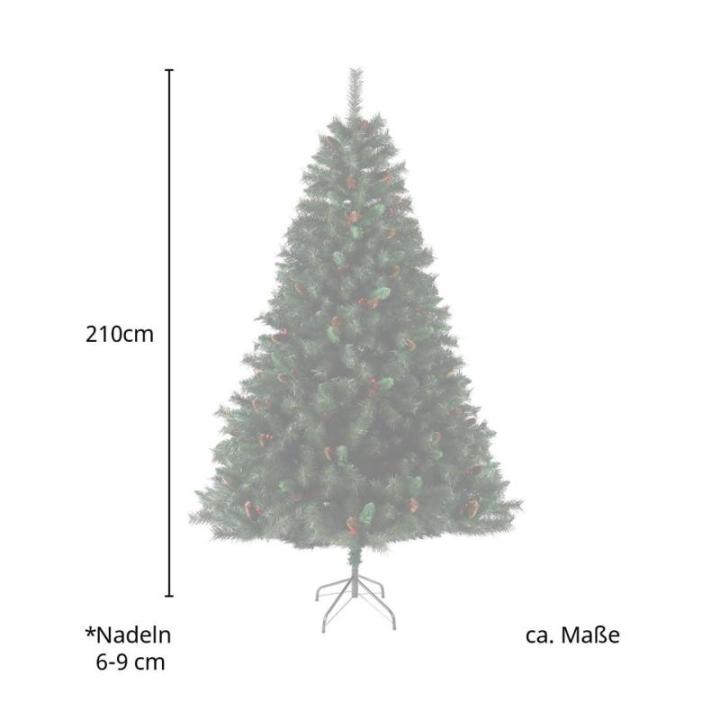 Kunstkerstboom met dennenappels en hulst met 1017 takken incl. metalen standaard, dennenboom, kunstboom (Luvi-naalden | 210cm)