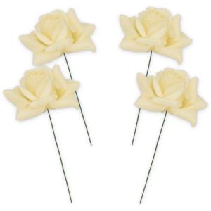 Kunstrozenbloemen met steel als kunstmatige decoratieve rozen van was, 4 crème-witte rozenblaadjes als echt voor bloemstukken, bloemendecoratie, waxrozen als kunstrozen, begraafpl