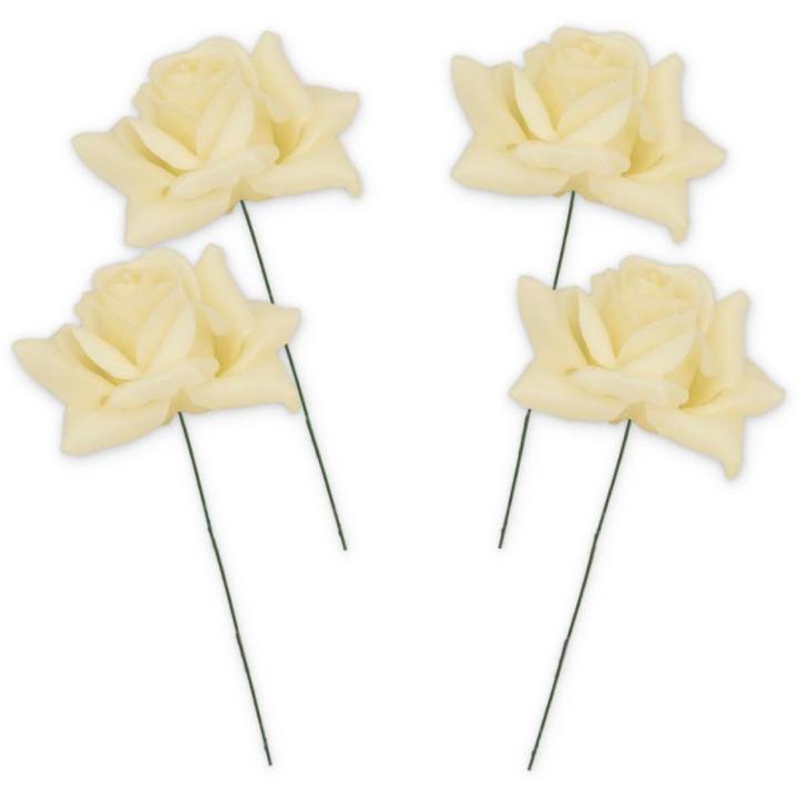 Kunstrozenbloemen met steel als kunstmatige decoratieve rozen van was, 4 crème-witte rozenblaadjes als echt voor bloemstukken, bloemendecoratie, waxrozen als kunstrozen, begraafpl