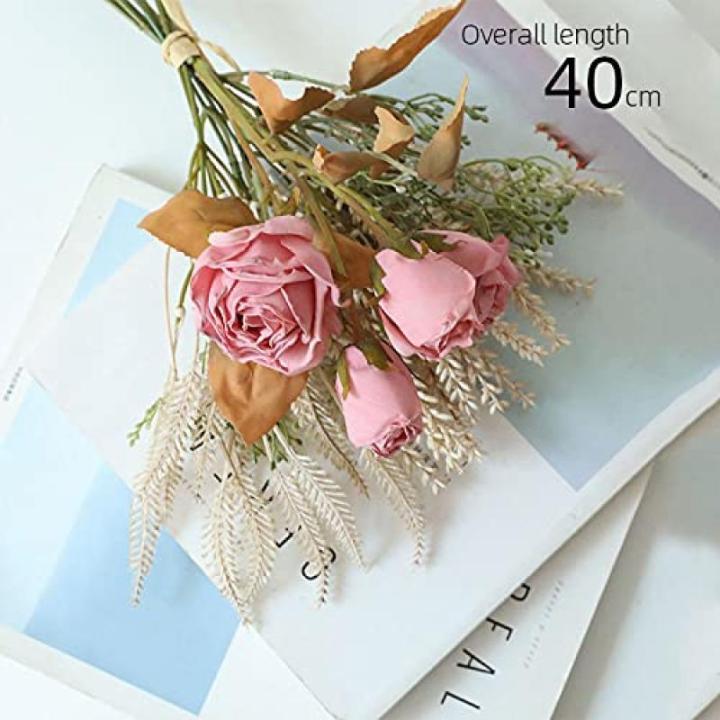 2 stuks , zijden bloemen, roos en tarweaaraars, bloemstukken, kunststof decoratie, planten, boeket, bruid, bruiloftsboeket, tuin, kantoor, kamerdecoratie, tafel-middenstukken (roze