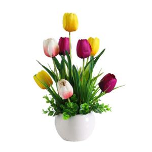 Kunstblumen Künstliche Tulpenblumen mit Keramikvase, echter Tulpenstrauß, lebendiges Tulpenblumenarrangement, für Hausgartenparty für jeden Anlass