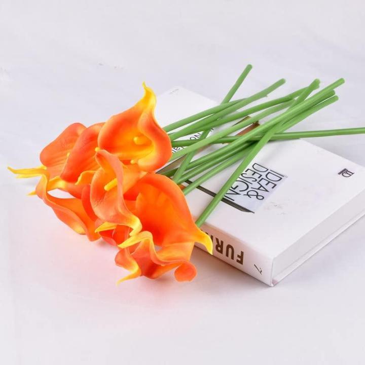 Künstliche Blumen, Künstliche Calla-Lilien-Blume, 10 Stück, fühlt Sich echt an, Seide, Blumen mit langem Stiel, Blumenstrauß, Großdekor(Orange)