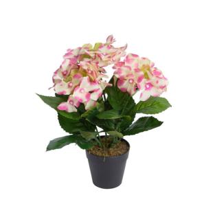 kunstmatige hortensia / kunstmatige hortensia struik in zwarte kunststof pot, kleur: roze-crème-lichtgroen