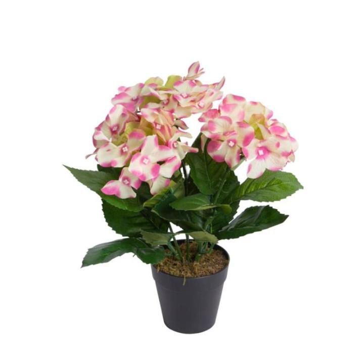 kunstmatige hortensia / kunstmatige hortensia struik in zwarte kunststof pot, kleur: roze-crème-lichtgroen