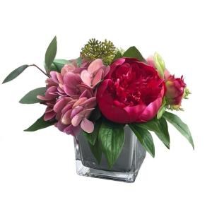 Kunstblumen Künstliche Blumen Pflanzen Set, Faux Hydrangea Rose Pfingstrose Blumenarrangements mit Vase für Braut Hochzeit Home Decoration für jeden Anlass