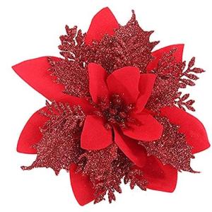12 stuks glitter kerstboomversieringen Kerstmis bloemen ornament kerstdecoratie kerstboomhanger 14 cm (rood)