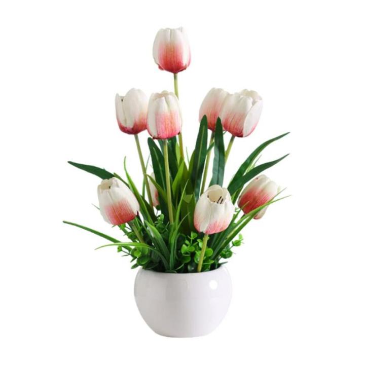 Kunstblumen Künstliche Tulpenblumen mit Keramikvase, echter Tulpenstrauß, lebendiges Tulpenblumenarrangement, für Hausgartenparty für jeden Anlass