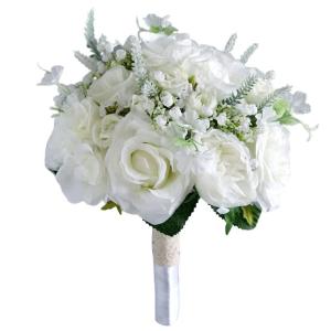 Künstlicher weißer/rosa Blumenstrauß mit grünen Blättern, künstliche Seidenblumen für Valentinstag, Hochzeit, Brautfotografie