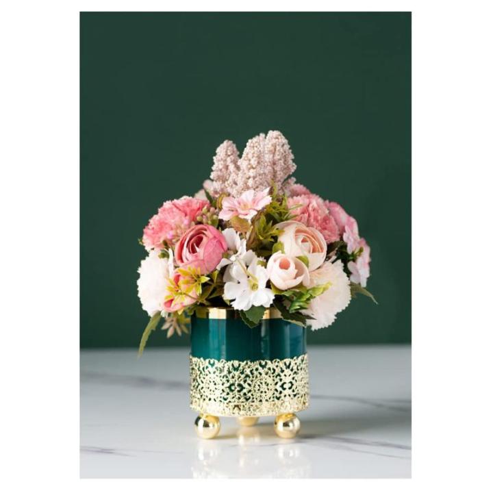 Kunstblumen Künstliche Seidenblumen mit Vase, gefälschte Blumenarrangements, Leichter Luxus-Metallständer, Keramiktopf für Zuhause, Hochzeitsdekoration für jeden Anlass