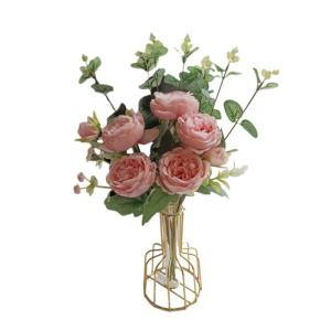 Kunstblumen Künstliche Pfingstrosenblumen, künstliche Blumensträuße, mit Kunstvase aus Eisen, gefälschte Pfingstrosenarrangements, für Party- und Heimdekoration für jeden An