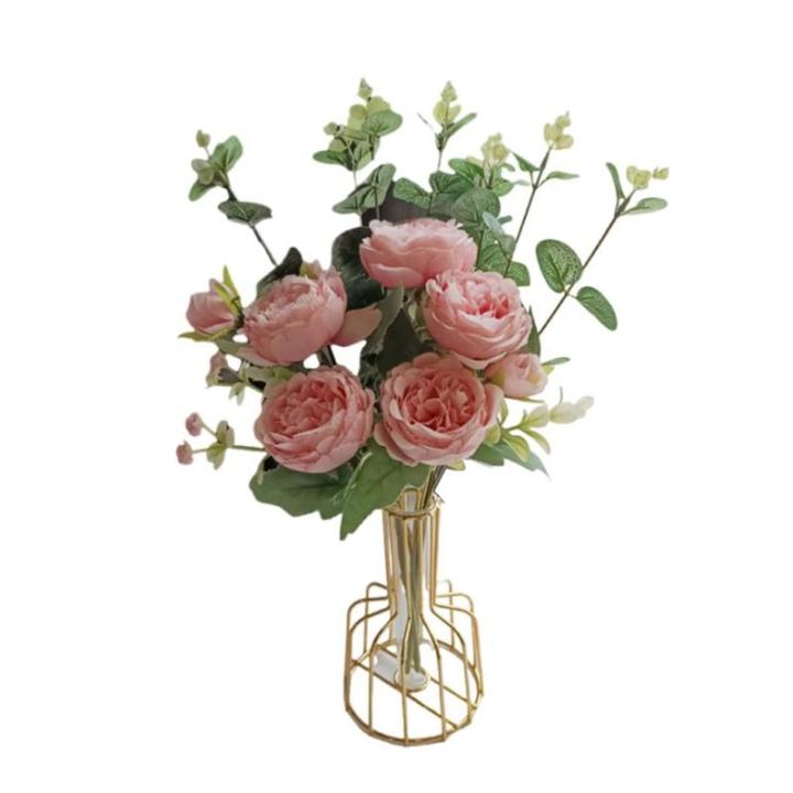 Kunstblumen Künstliche Pfingstrosenblumen, künstliche Blumensträuße, mit Kunstvase aus Eisen, gefälschte Pfingstrosenarrangements, für Party- und Heimdekoration für jeden An