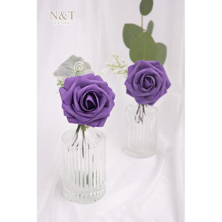 Kunstbloemen, rozen, 25 stuks, kunstrozen met stelen, doe-het-zelf decoratie, bruidsboeketten, Valentijnsdag, Moederdag, bruiloftsfeest, babyshower, woondecoratie, donkerpaars
