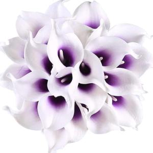 20 stuks kunstbloemen Calla lelie, bruid, latex, ware aanraking, familie, decoratie, feest, bruiloft, hotel, decoratie, boeket (paars-wit)