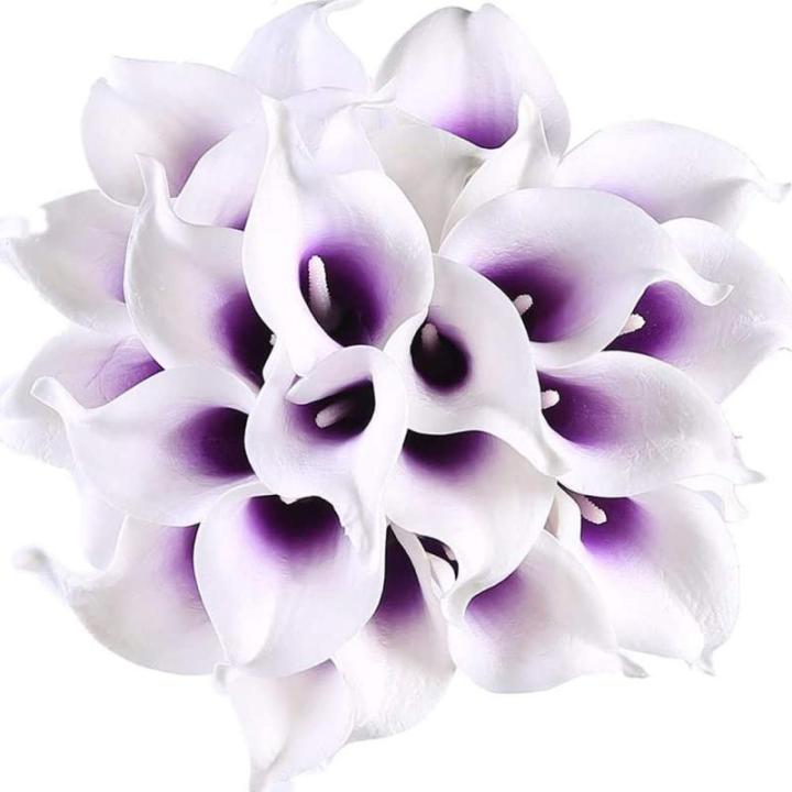 20 stuks kunstbloemen Calla lelie, bruid, latex, ware aanraking, familie, decoratie, feest, bruiloft, hotel, decoratie, boeket (paars-wit)