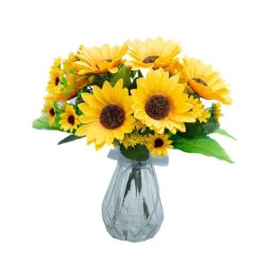 Kunstblumen Sonnenblumen-Dekor Gelbe gefälschte Sonnenblume in Vase, Stängel aus Seide, Tischdekoration, Hochzeitsdekoration (Glasvase), Höhe: 30 cm für jeden Anlass