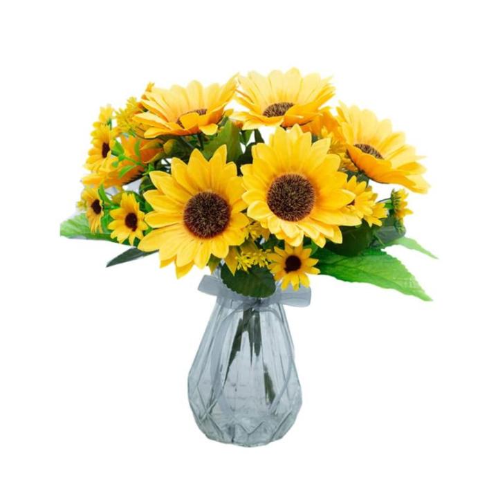 Kunstblumen Sonnenblumen-Dekor Gelbe gefälschte Sonnenblume in Vase, Stängel aus Seide, Tischdekoration, Hochzeitsdekoration (Glasvase), Höhe: 30 cm für jeden Anlass