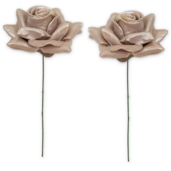Matches21 Wasrozen met draadsteel voor bloemstukken, kunstrozen, decoratieve rozen, textielrozen met wascoating, Ø 7 cm, 2-delige parelmoer