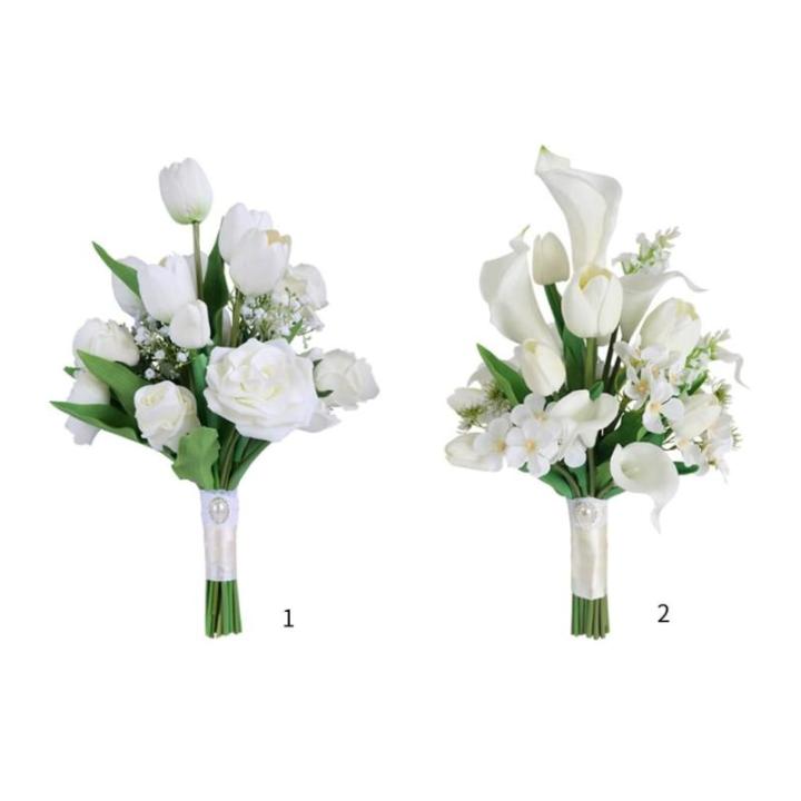 Hochzeitssträuße für die Braut, Rosen, Calla-Lilien, Hochzeitsblumen, künstliche Brautsträuße für eine rustikale Hochzeitszeremonie