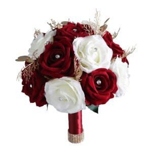 Romantischer Blumenstrauß für die Hochzeit, künstliche weiße und weinrote Rosen, Fotografie-Requisiten für Brautsträuße