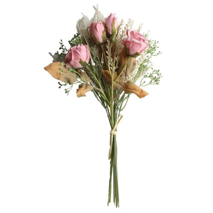 2 stuks , zijden bloemen, roos en tarweaaraars, bloemstukken, kunststof decoratie, planten, boeket, bruid, bruiloftsboeket, tuin, kantoor, kamerdecoratie, tafel-middenstukken (roze