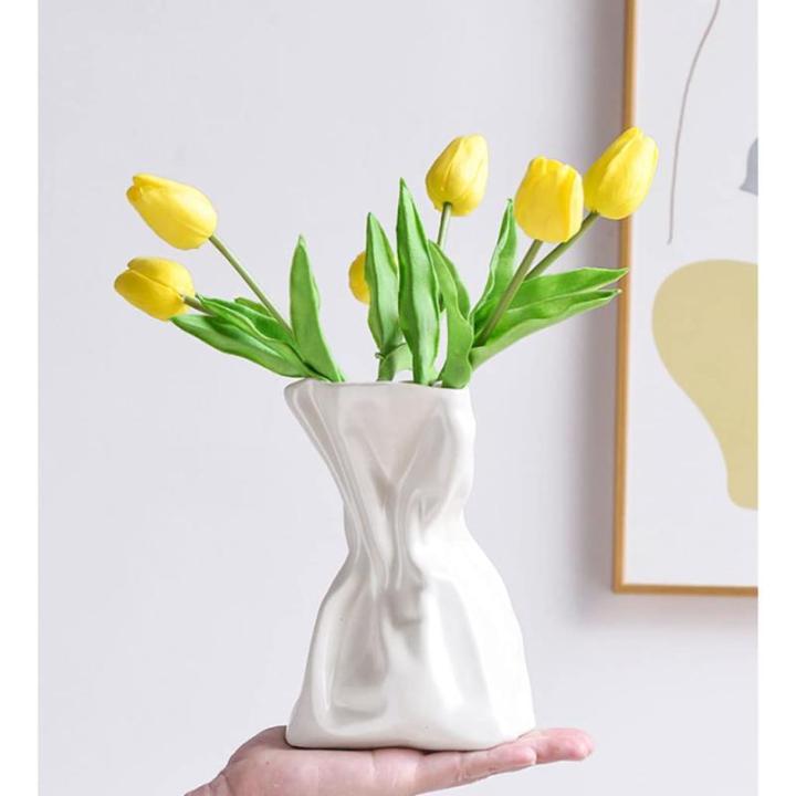 Kunstblumen Kunstblumen, künstliche Tulpen mit Keramikvase, gelbe Tulpen, echtes Blumenarrangement, Hochzeitsdekoration für jeden Anlass