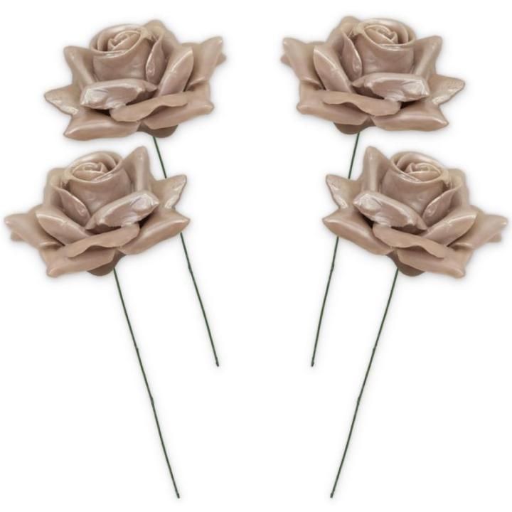 Kunstrozenbloemen met steel als kunstmatige decoratieve rozen van was, 4 parelmoer rozenblaadjes als echt voor bloemstukken, bloemendecoratie, waxrozen als kunstrozen, begraafplaat