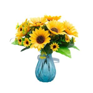Kunstblumen Sonnenblumen-Dekor Gelbe gefälschte Sonnenblume in Vase, Stängel aus Seide, Tischdekoration, Hochzeitsdekoration (Glasvase), Höhe: 30 cm für jeden Anlass