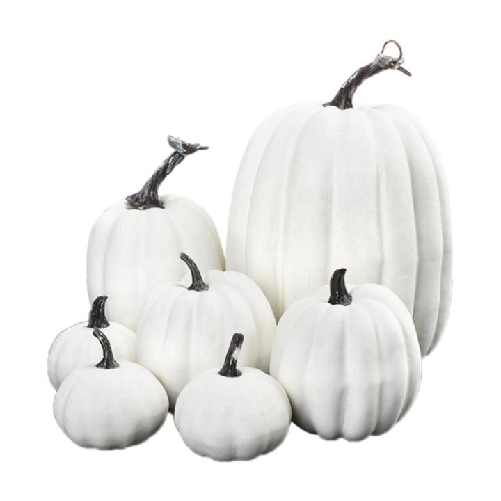 7 stuks kunstpompoenen, pompoen, decoratie, sierpompoen, kunstplantset voor Halloween, decoratie, herfstdecoratieset, 4 maten, wit