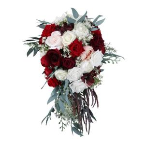 Brautstrauß für Hochzeiten, Wasserfallform, kaskadierende künstliche weiße, weinrote Rose, rustikale Vintage-Brautjungfer, hält Blume mit grünen Blättern für Feiertagsparty