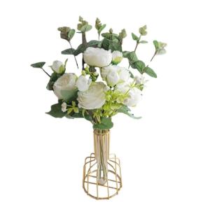 Kunstblumen Künstliche Pfingstrosenblumen, künstliche Blumensträuße, mit Kunstvase aus Eisen, gefälschte Pfingstrosenarrangements, für Party- und Heimdekoration für jeden An
