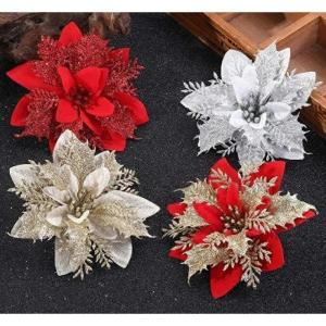 12 stuks glitter kerstboomversiering Kerstmis bloemen ornament kerstdecoratie kerstboomhanger 14 cm (goud)