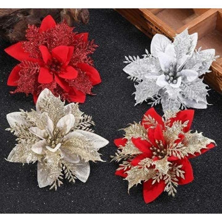 12 stuks glitter kerstboomversieringen Kerstmis bloemen ornament kerstdecoratie kerstboomhanger 14 cm (roze)