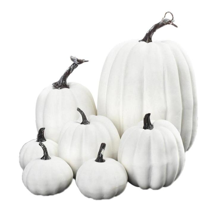 7 stuks kunstpompoenen, pompoen, decoratie, sierpompoen, kunstplantset voor Halloween, decoratie, herfstdecoratieset, 4 maten, wit
