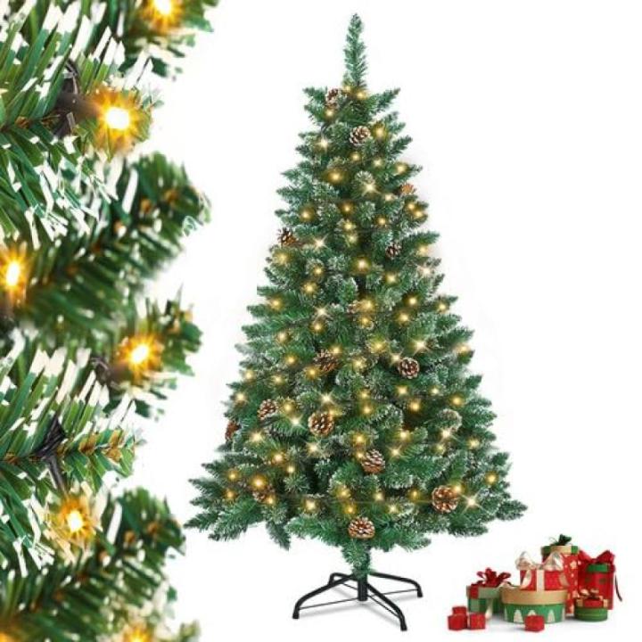 Kunstkerstboom met verlichting, groen, pvc, met sneeuweffect, dennenappels, led, pvc, kerstboom, decoratieve boom met standaard, kerstdecoratie voor kerstdecoratie