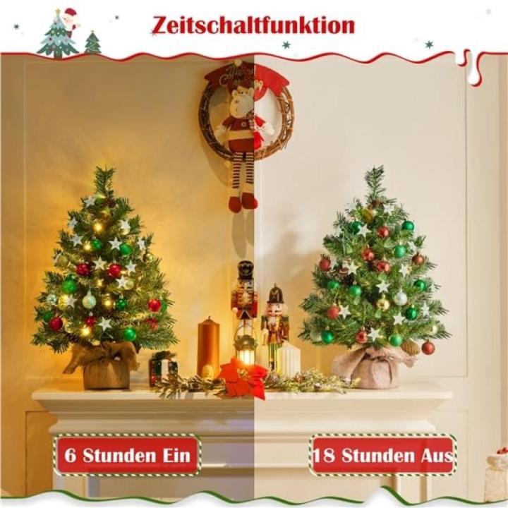 Set van 2 61 cm mini-kunstkerstboom met 35 warmwitte ledlampen en 12 dennenappels, kleine kerstboom, tafel, dennenboom voor kerstdecoratie, groen
