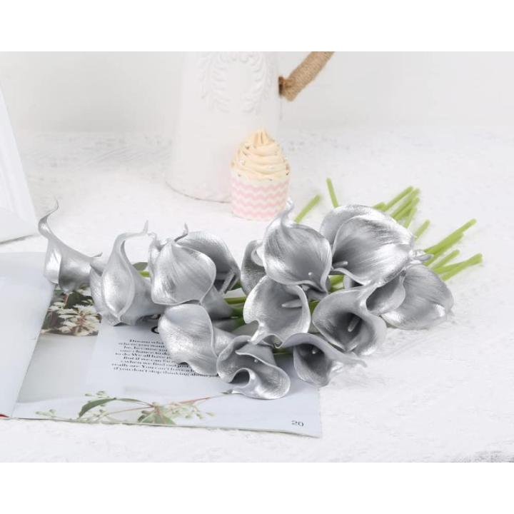 Künstliche Calla-Lilien aus Silber, 24 Stück, silberfarbene Blumen für selbstgemachte Hochzeitssträuße, Tafelaufsätze, Brautparty, Party, Zuhause, Blumenarrangement, Dekorati
