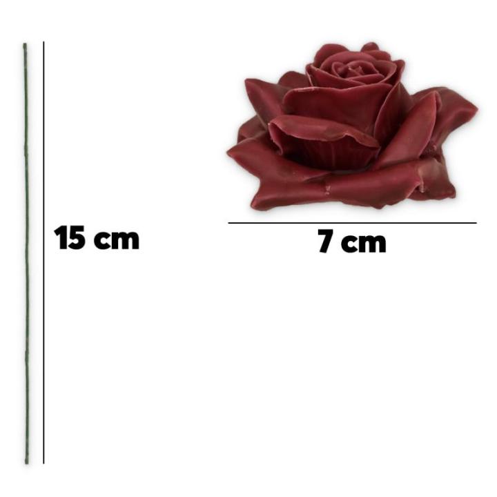 Kunstrozenbloemen met steel als kunstmatige decoratieve rozen van was, 10 bordeauxrode rozenblaadjes als echt voor bloemstukken, bloemendecoratie, waxrozen als kunstrozen, begraafp